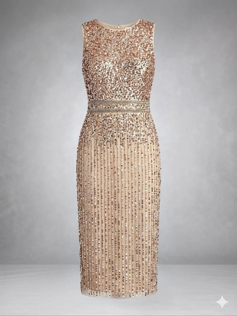 519 Mac Duggal Rose Gold Sequin Beaded High Neck Midi Sheath Dress Size 4 NWT